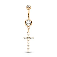 316L Surgical Steel Rose Gold PVD White CZ Thin Cross Dangly Belly Ring
