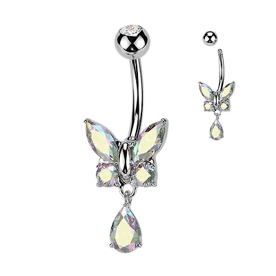 316L Surgical Steel Aurora Borealis CZ Butterfly Tear Drop Dangle Belly Ring