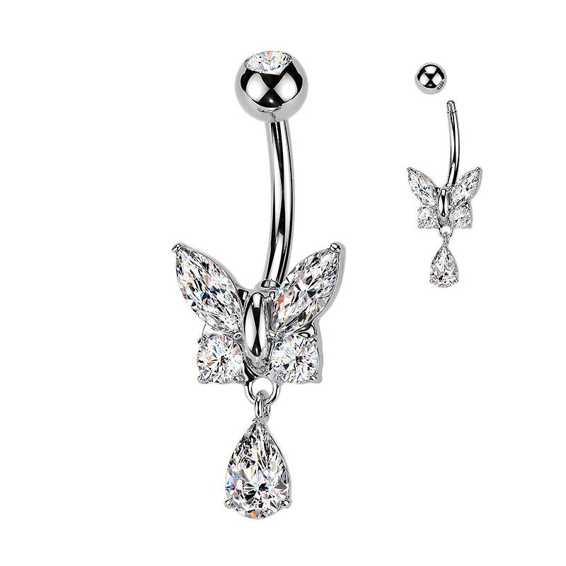 316L Surgical Steel White CZ Butterfly Tear Drop Dangle Belly Ring