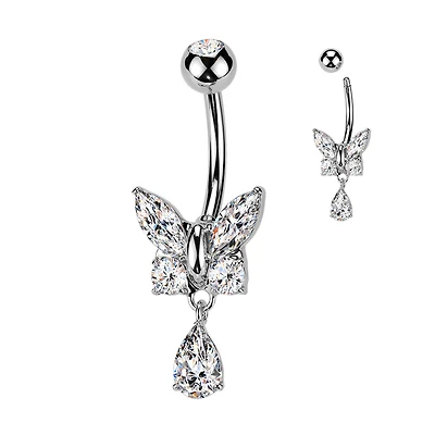 316L Surgical Steel White CZ Butterfly Tear Drop Dangle Belly Ring