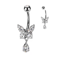 316L Surgical Steel White CZ Butterfly Tear Drop Dangle Belly Ring
