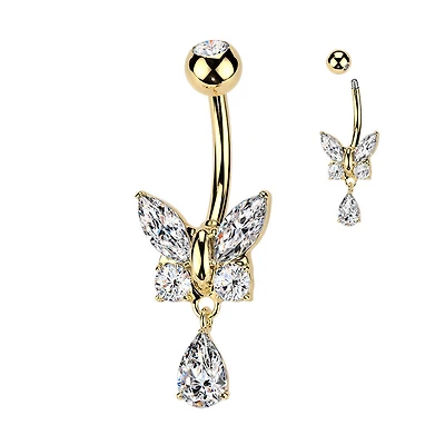 316L Surgical Steel Gold PVD White CZ Butterfly Tear Drop Dangle Belly Ring