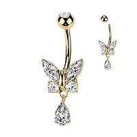 316L Surgical Steel Gold PVD White CZ Butterfly Tear Drop Dangle Belly Ring