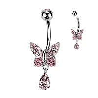 316L Surgical Steel Pink CZ Butterfly Tear Drop Dangle Belly Ring