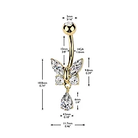 316L Surgical Steel Pink CZ Butterfly Tear Drop Dangle Belly Ring