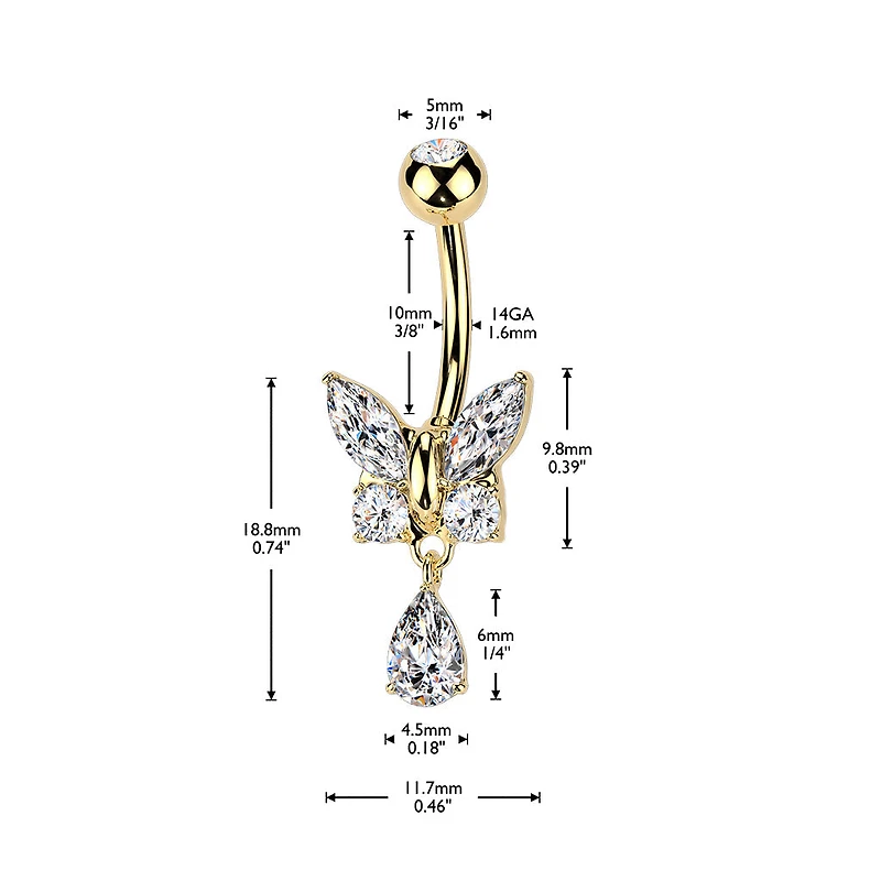 316L Surgical Steel Gold PVD White CZ Butterfly Tear Drop Dangle Belly Ring