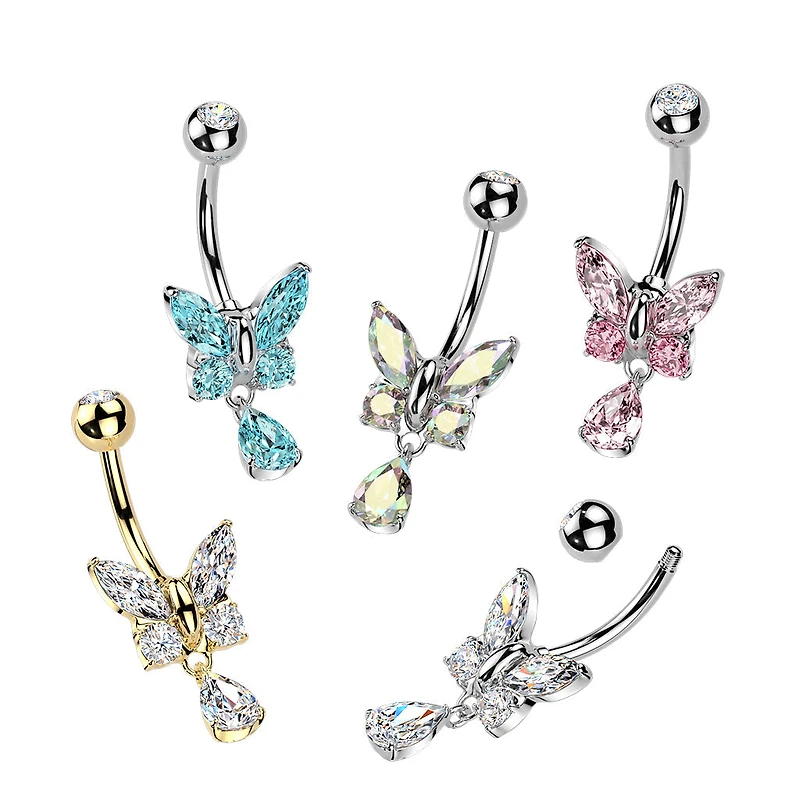 316L Surgical Steel Pink CZ Butterfly Tear Drop Dangle Belly Ring