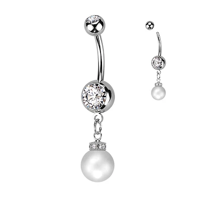 316L Surgical Steel White CZ Gem with Pearl Dangle Belly Ring