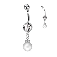 316L Surgical Steel White CZ Gem with Pearl Dangle Belly Ring