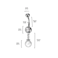 316L Surgical Steel White CZ Gem with Pearl Dangle Belly Ring