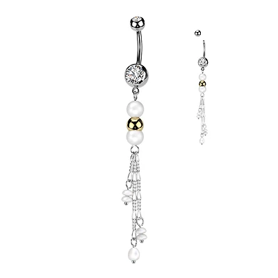 316L Surgical Steel White Pearl Gold Bead Dangly Belly Ring