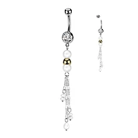 316L Surgical Steel White Pearl Gold Bead Dangly Belly Ring