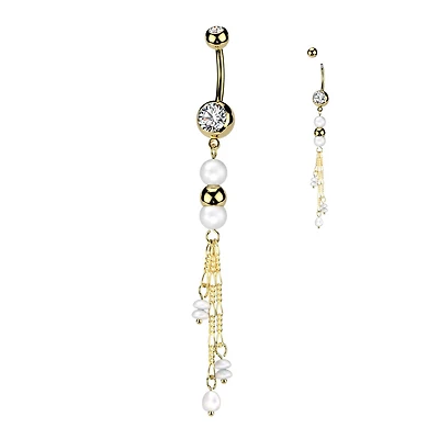 316L Surgical Steel Gold PVD White Pearl Gold Bead Dangly Belly Ring