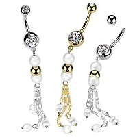 316L Surgical Steel White Pearl Gold Bead Dangly Belly Ring