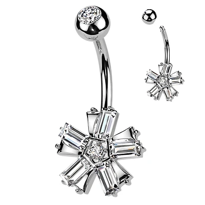 316L Surgical Steel White CZ Baguette 5 Petal Flower Belly Ring