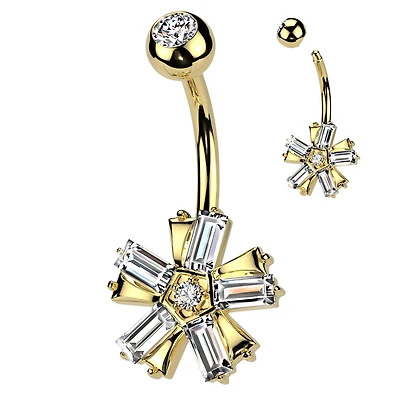 316L Surgical Steel Gold PVD White CZ Baguette 5 Petal Flower Belly Ring