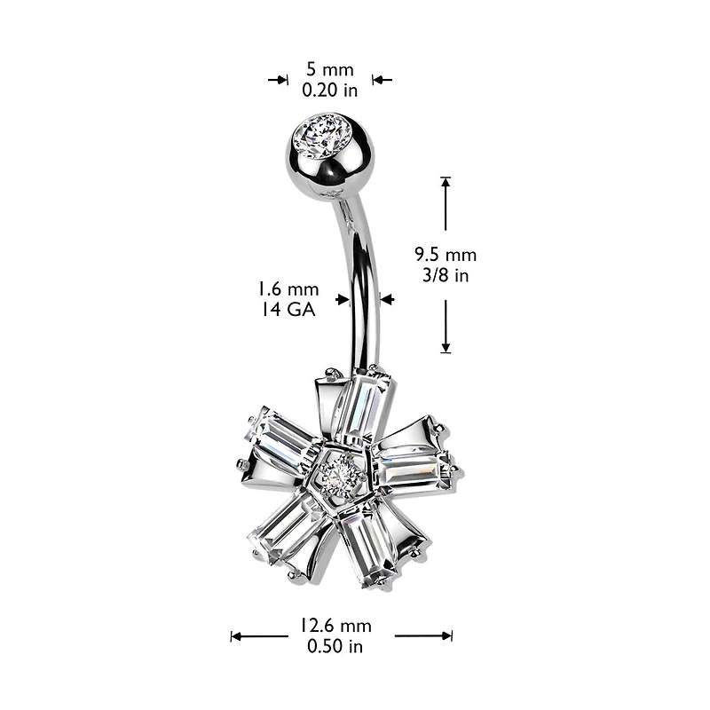 316L Surgical Steel Gold PVD White CZ Baguette 5 Petal Flower Belly Ring