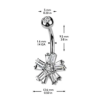 316L Surgical Steel Gold PVD White CZ Baguette 5 Petal Flower Belly Ring