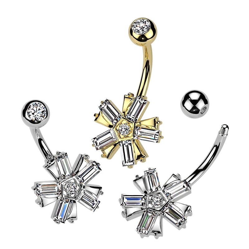 316L Surgical Steel Gold PVD White CZ Baguette 5 Petal Flower Belly Ring