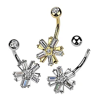316L Surgical Steel Gold PVD White CZ Baguette 5 Petal Flower Belly Ring