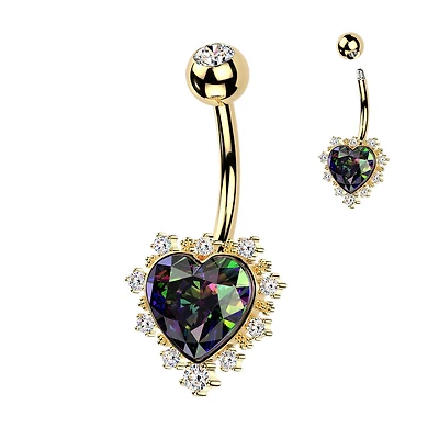 316L Surgical Steel Gold PVD White CZ & Vitrail Medium Heart Non Dangle Belly Ring