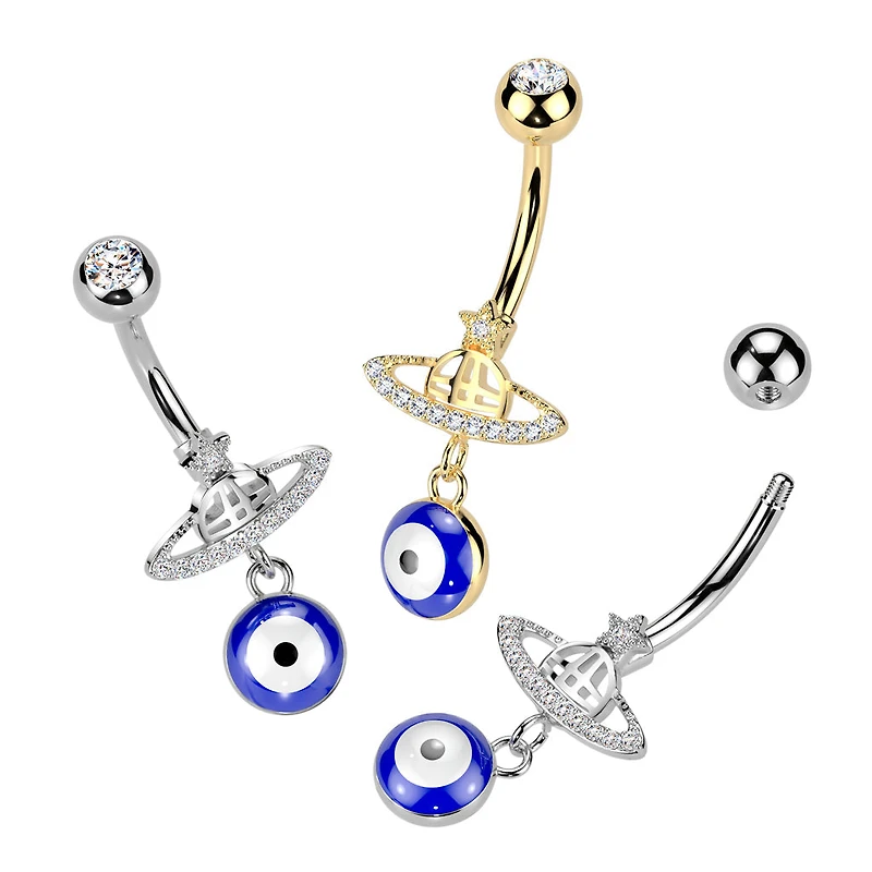 316L Surgical Steel Saturn Star Celestial Evil Eye Dangle Belly Ring