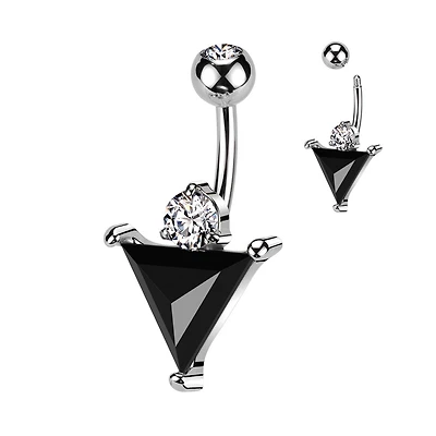 316L Surgical Steel Black CZ Triangle With White CZ Gem Belly Ring