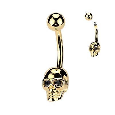 316L Surgical Steel Gold PVD Black CZ Eyes Skull Non Dangle Belly Ring