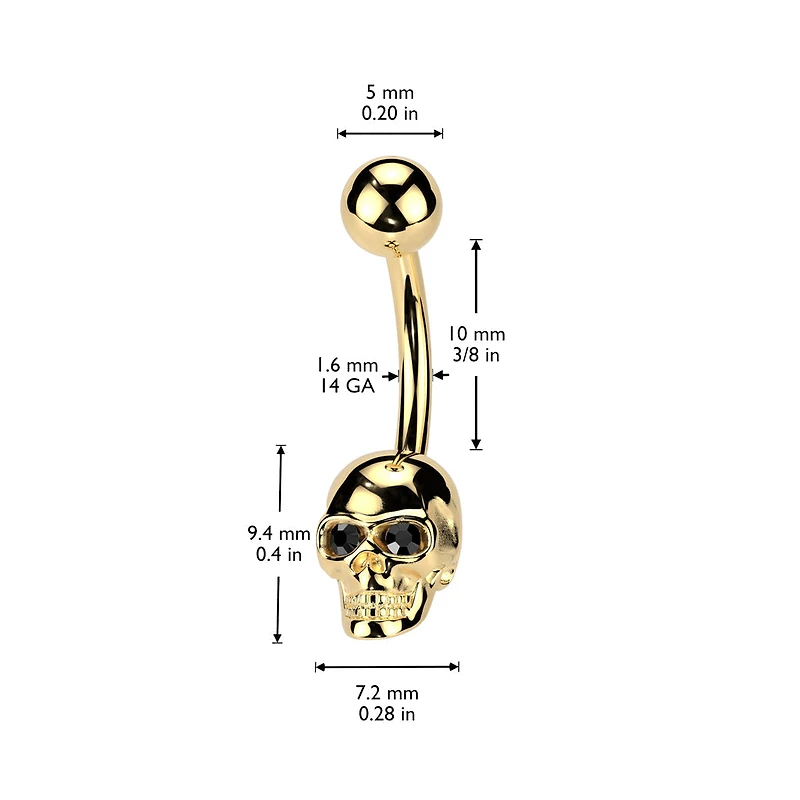 316L Surgical Steel Gold PVD Black CZ Eyes Skull Non Dangle Belly Ring