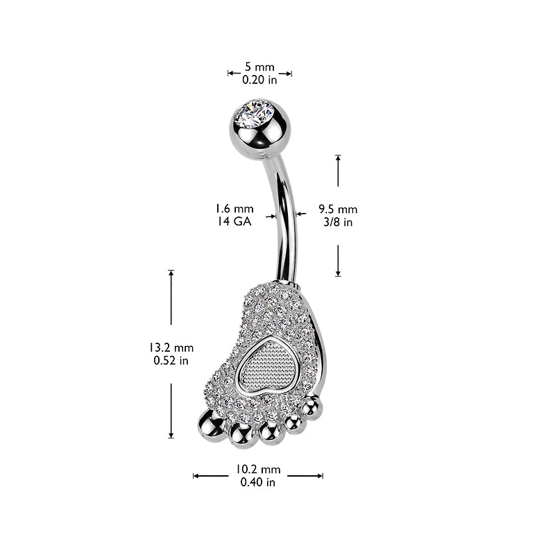 316L Surgical Steel White CZ Heart Baby Foot Belly Ring