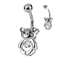 316L Surgical Steel White CZ Gem Teddy Bear Belly Ring