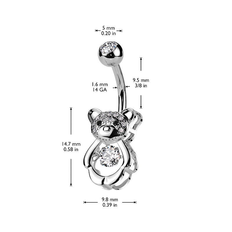 316L Surgical Steel Gold PVD White CZ Gem Teddy Bear Belly Ring