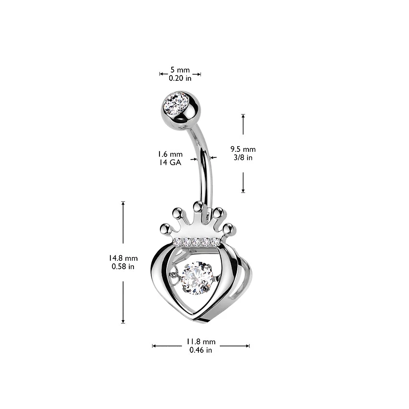 316L Surgical Steel White CZ Claddagh Crown Heart Shaped Belly Ring