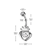 316L Surgical Steel White CZ Claddagh Crown Heart Shaped Belly Ring