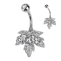 316L Surgical Steel CZ Multi-Gem Large Leaf Design Belly Ring
