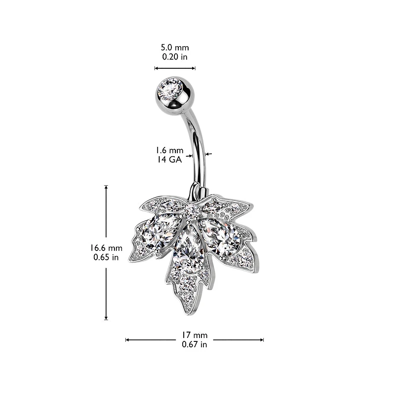 316L Surgical Steel Gold PVD White CZ Multi-Gem Large Leaf Design Belly Ring