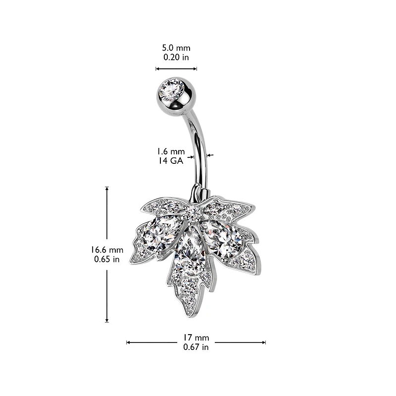 316L Surgical Steel CZ Multi-Gem Large Leaf Design Belly Ring