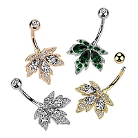 316L Surgical Steel Gold PVD White CZ Multi-Gem Large Leaf Design Belly Ring