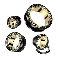 316L Surgical Steel Black PVD Gold Heart Filigree Design Screw On Ear Tunnels