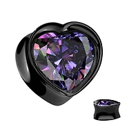 316L Surgical Steel Black PVD Vitrail Medium CZ Heart Shaped Double Flared Plug
