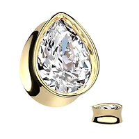 316L Surgical Steel Gold PVD White CZ Teardrop Shaped Double Flared Plug