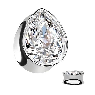 316L Surgical Steel White CZ Teardrop Shaped Double Flared Plug