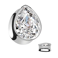 316L Surgical Steel White CZ Teardrop Shaped Double Flared Plug
