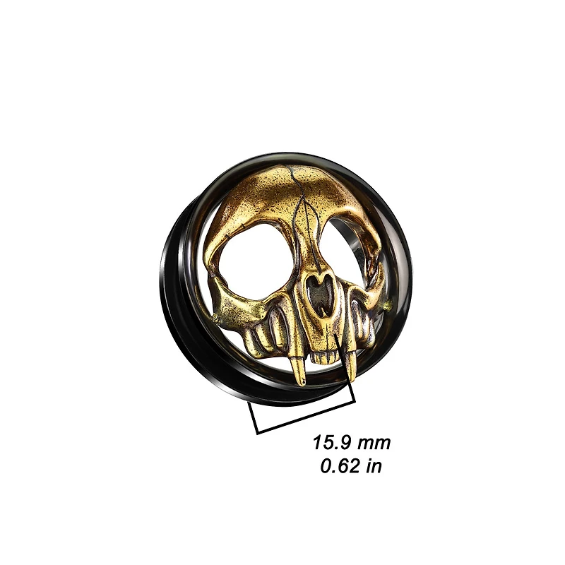 316L Surgical Steel Black PVD Tiger Skull Screw On Ear Tunnels