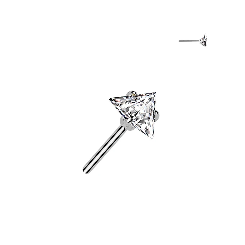 Implant Grade Titanium Threadless White CZ Triangle Shaped Gem Push In Labret With Flat Back
