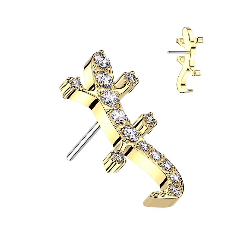 Implant Grade Titanium Gold PVD White CZ Gem Lizard Gecko Threadless Push In Labret