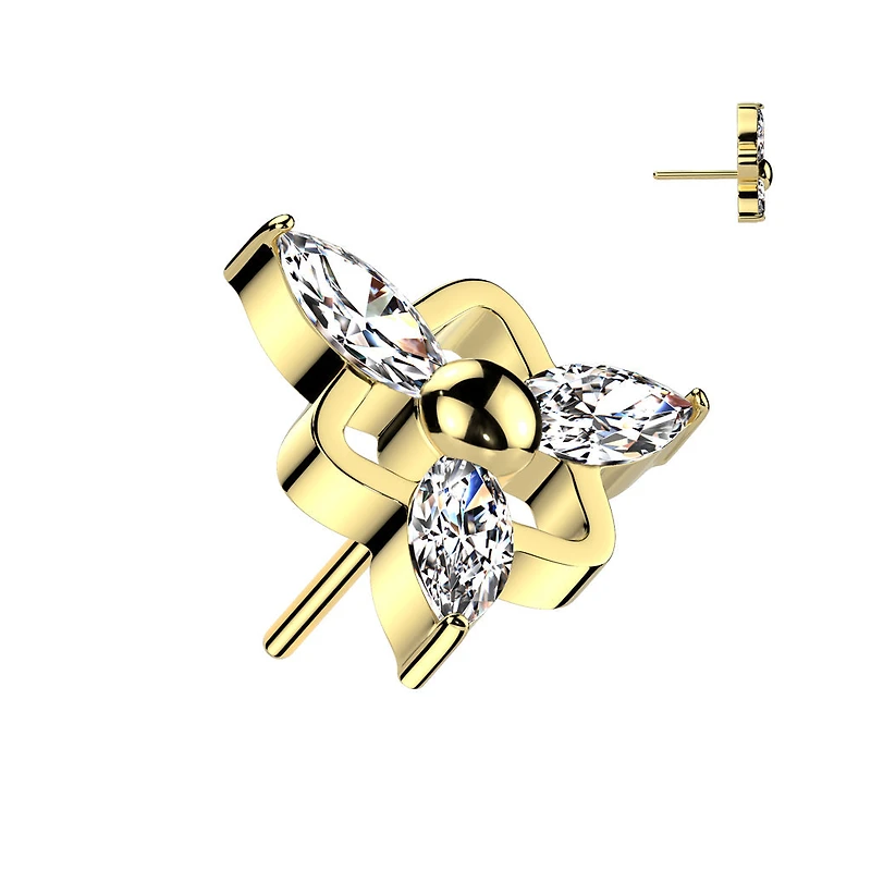 Implant Grade Titanium Gold PVD White CZ Marquise Triangle Design Threadless Push In Labret