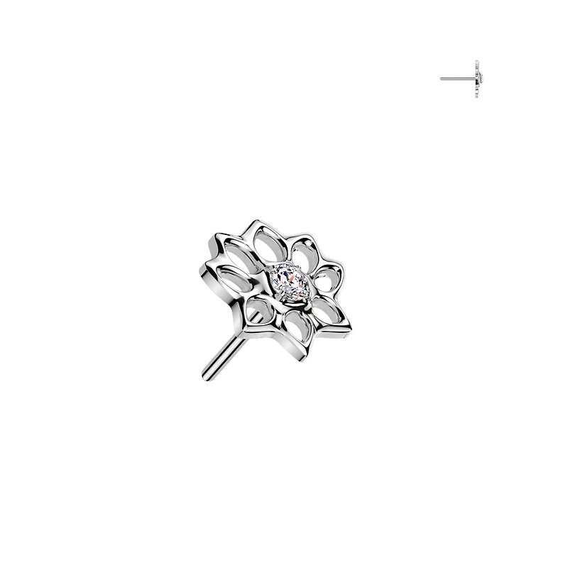 Implant Grade Titanium White CZ Lotus Flower Push In Threadless Labret With Flat Back
