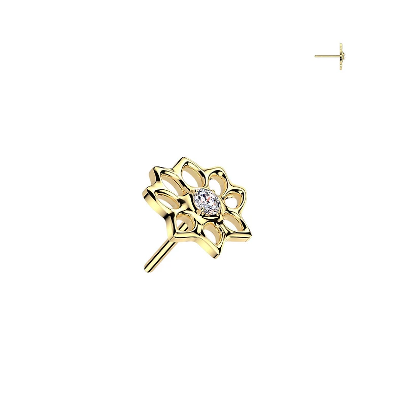 Implant Grade Titanium Gold PVD White CZ Lotus Flower Push In Threadless Labret With Flat Back