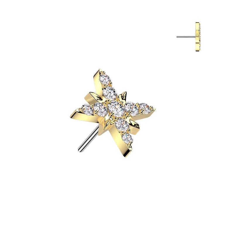 Implant Grade Titanium Gold PVD White CZ Large Starburst Push In Threadless Labret With Flat Back